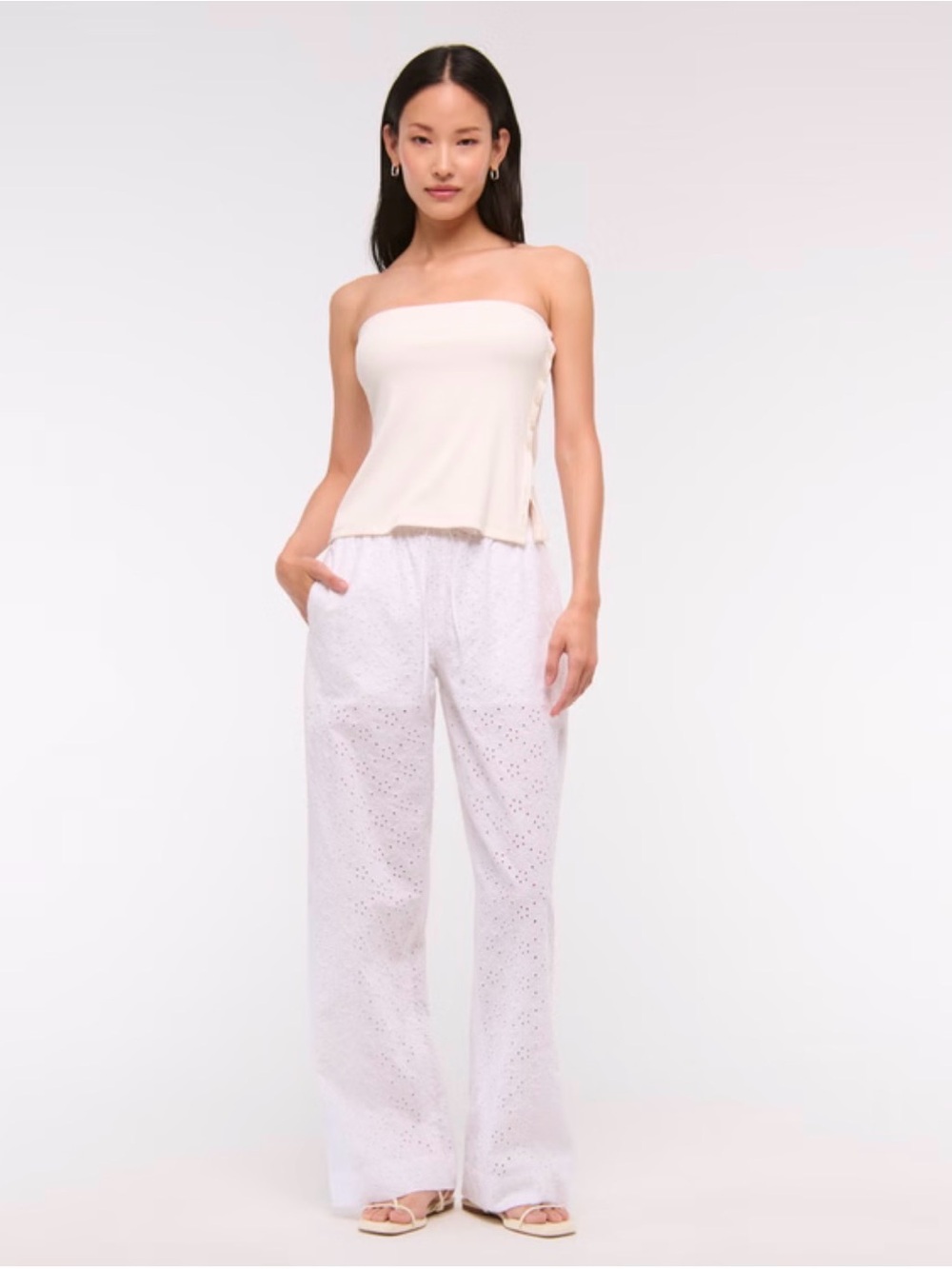 Abercrombie & Fitch Cream Strapless Top with White Eyelet Wide-Leg Pants